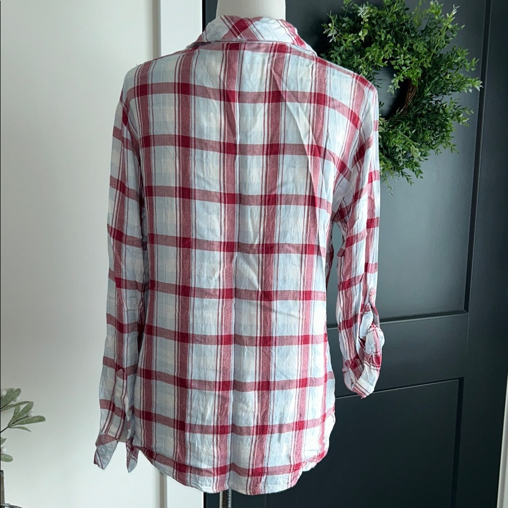 Sanctuary L Red light blue and White Plaid Button-Up rayon casual  Shirt - Picture 8 of 9